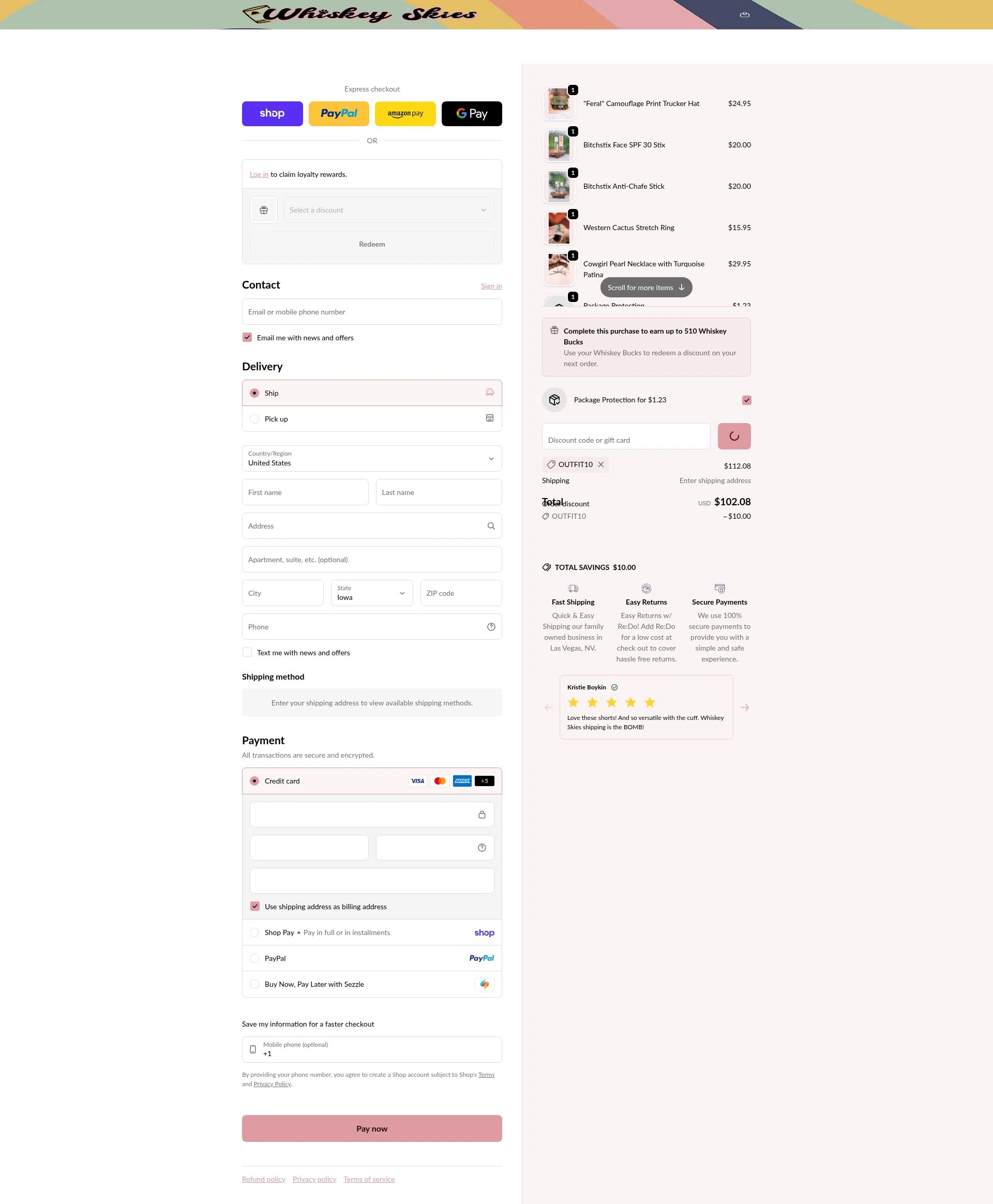 Whiskey Skies Boutique checkout page showing Whiskey Skies Boutique coupon code box | Screenshot taken by SimplyCodes community member on Feb 14, 2026