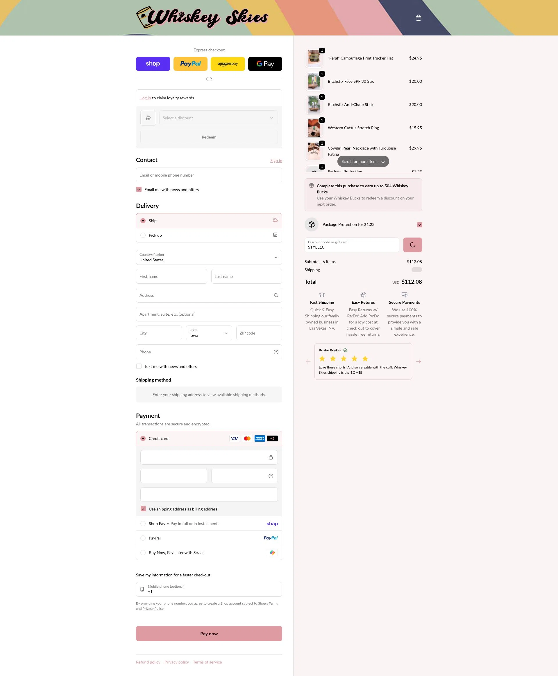 Whiskey Skies Boutique checkout page showing Whiskey Skies Boutique coupon code box | Screenshot taken by SimplyCodes community member on Feb 18, 2026