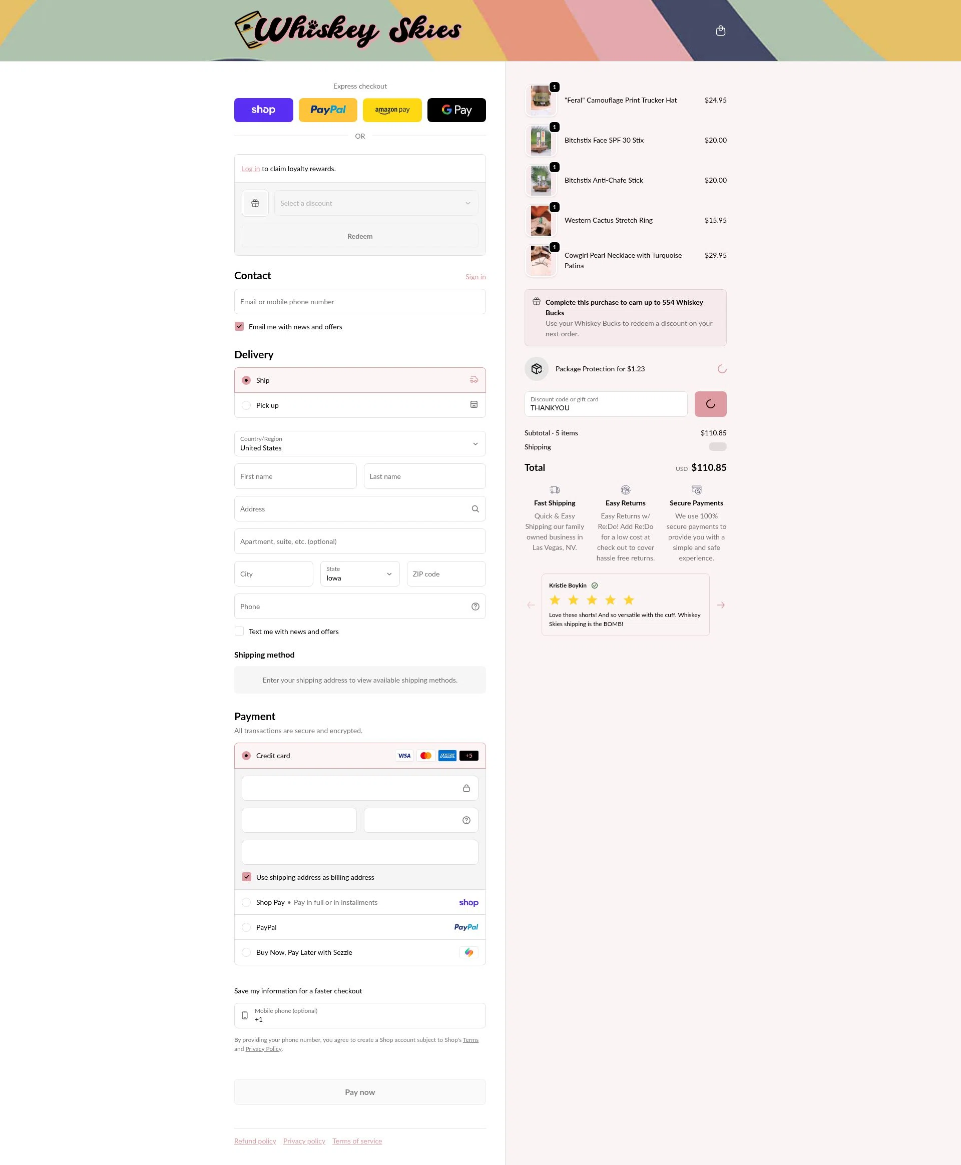 Whiskey Skies Boutique checkout page showing Whiskey Skies Boutique coupon code box | Screenshot taken by SimplyCodes community member on Feb 18, 2026