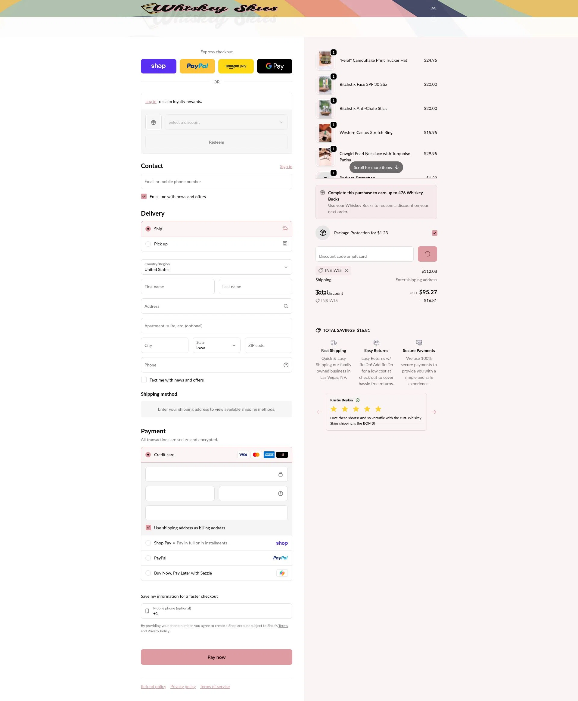 Whiskey Skies Boutique checkout page showing Whiskey Skies Boutique coupon code box | Screenshot taken by SimplyCodes community member on Feb 18, 2026