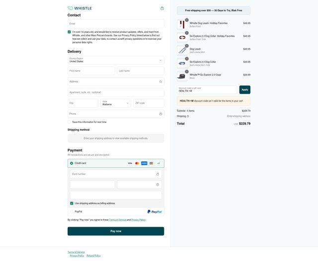 Whistle checkout page showing Whistle promo code box | Screenshot taken by SimplyCodes community member on Jun 22, 2025