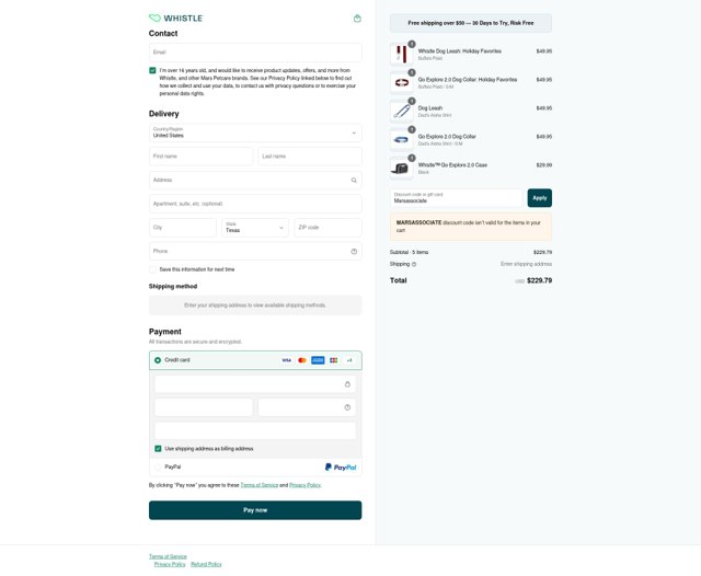 Whistle checkout page showing Whistle promo code box | Screenshot taken by SimplyCodes community member on Jun 19, 2025