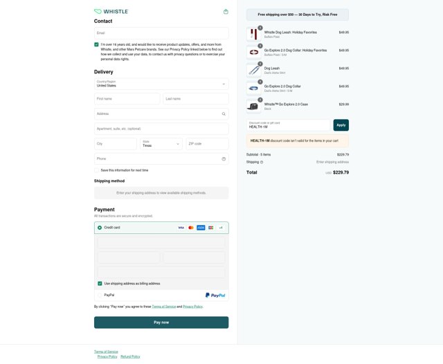 Whistle checkout page showing Whistle promo code box | Screenshot taken by SimplyCodes community member on Jun 19, 2025