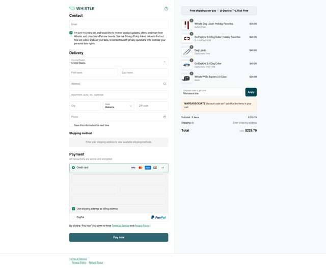 Whistle checkout page showing Whistle promo code box | Screenshot taken by SimplyCodes community member on Jun 22, 2025