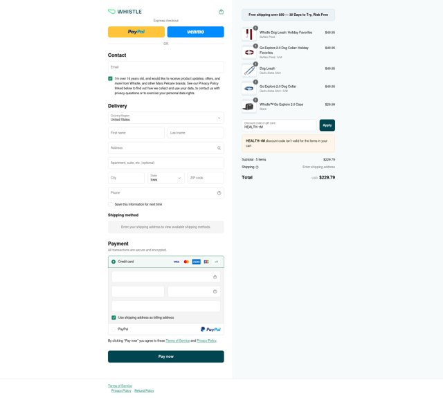 Whistle checkout page showing Whistle promo code box | Screenshot taken by SimplyCodes community member on Jul 4, 2025