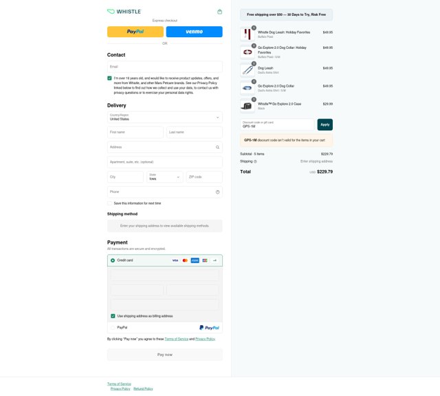 Whistle checkout page showing Whistle promo code box | Screenshot taken by SimplyCodes community member on Jul 4, 2025