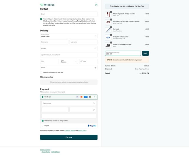 Whistle checkout page showing Whistle promo code box | Screenshot taken by SimplyCodes community member on Jun 22, 2025