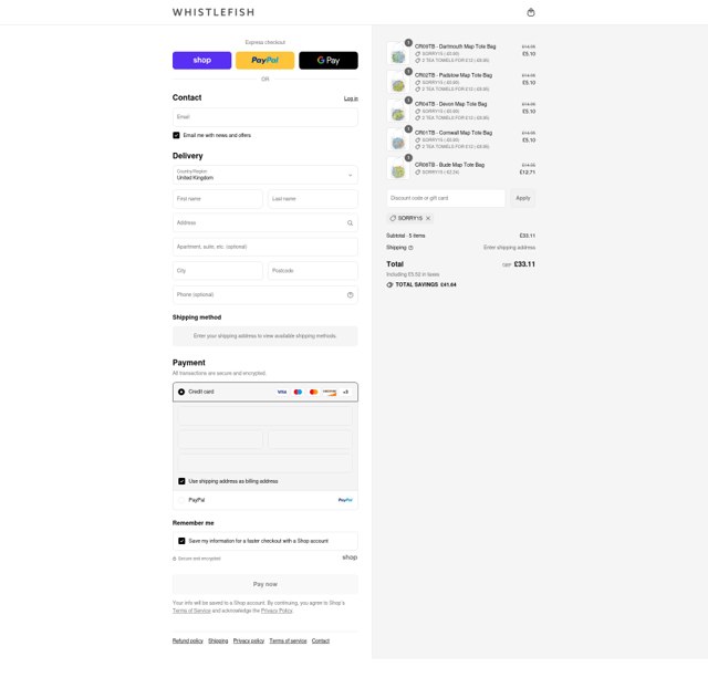 Whistlefish checkout page showing Whistlefish discount code box | Screenshot taken by SimplyCodes community member on Sep 3, 2025