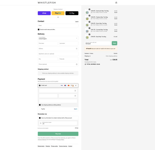 Whistlefish checkout page showing Whistlefish discount code box | Screenshot taken by SimplyCodes community member on Sep 3, 2025