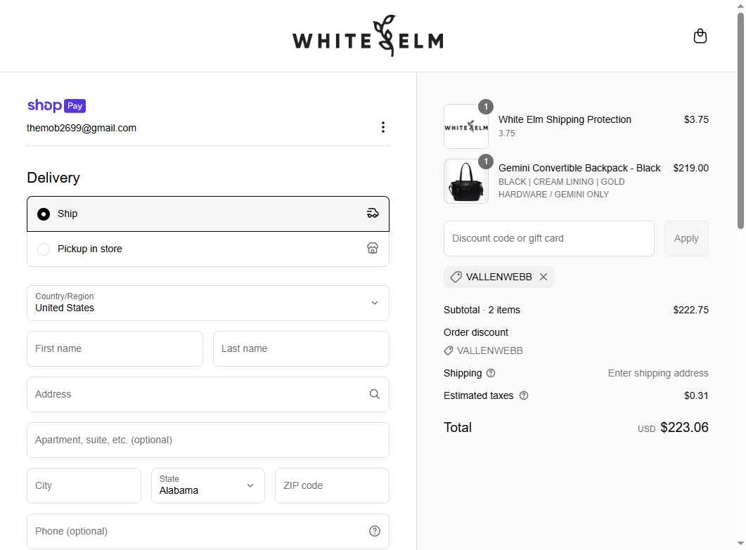 White Elm checkout page showing White Elm discount code box | Screenshot taken by SimplyCodes community member on May 19, 2025