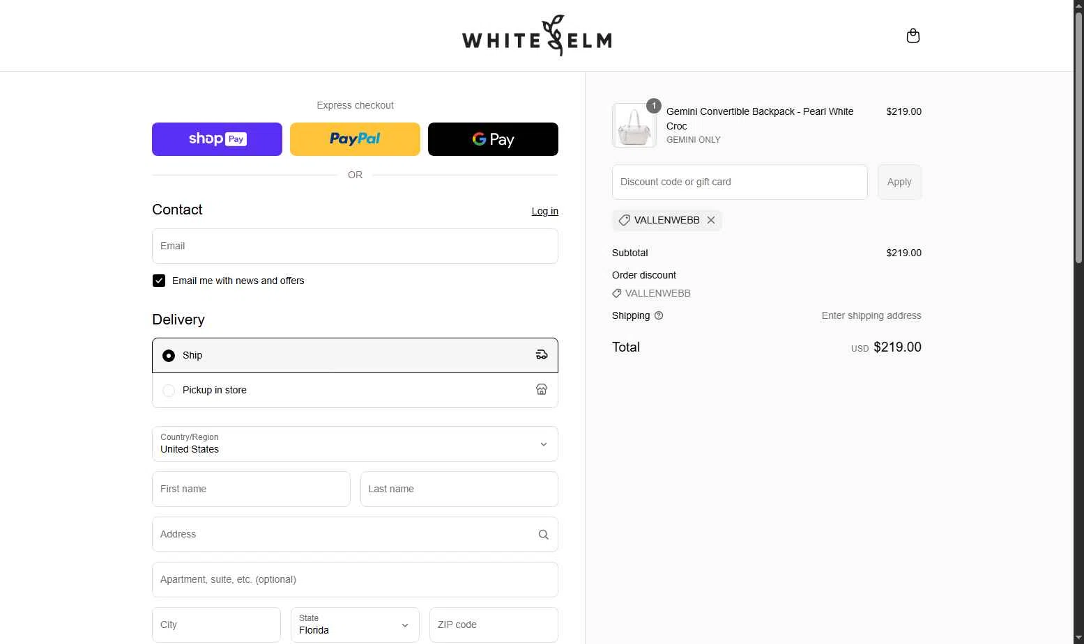 White Elm checkout page showing White Elm discount code box | Screenshot taken by SimplyCodes community member on May 25, 2025