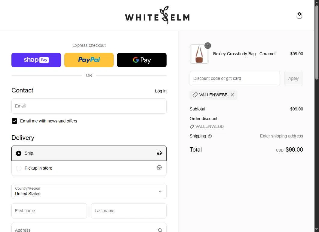 White Elm checkout page showing White Elm discount code box | Screenshot taken by SimplyCodes community member on May 19, 2025