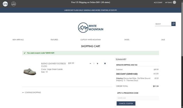 White Mountain checkout page showing White Mountain discount code box | Screenshot taken by SimplyCodes community member on Sep 2, 2025