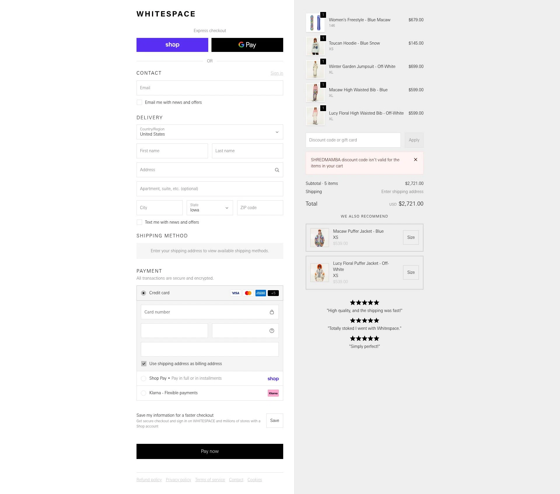 Whitespace checkout page showing Whitespace discount code box | Screenshot taken by SimplyCodes community member on Feb 17, 2026