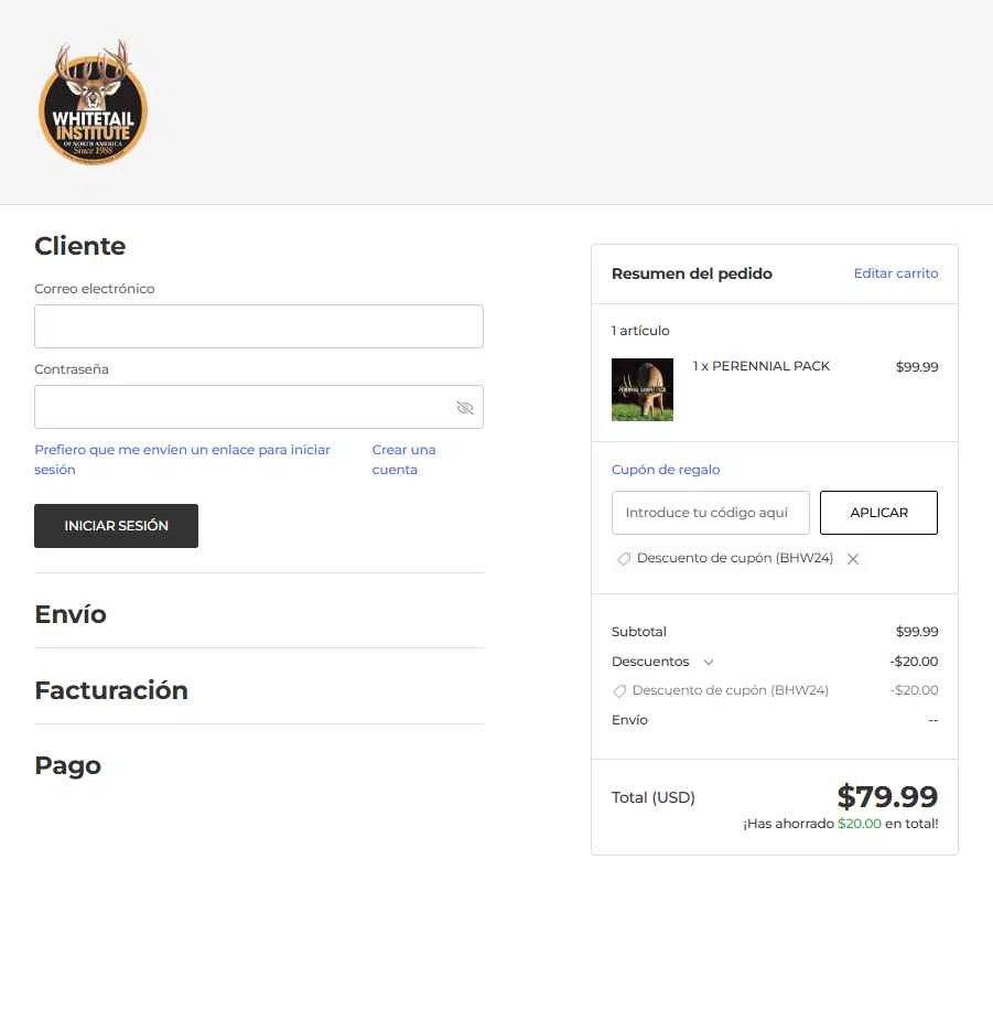 Whitetail Institute checkout page showing Whitetail Institute coupon code box | Screenshot taken by SimplyCodes community member on Feb 4, 2026