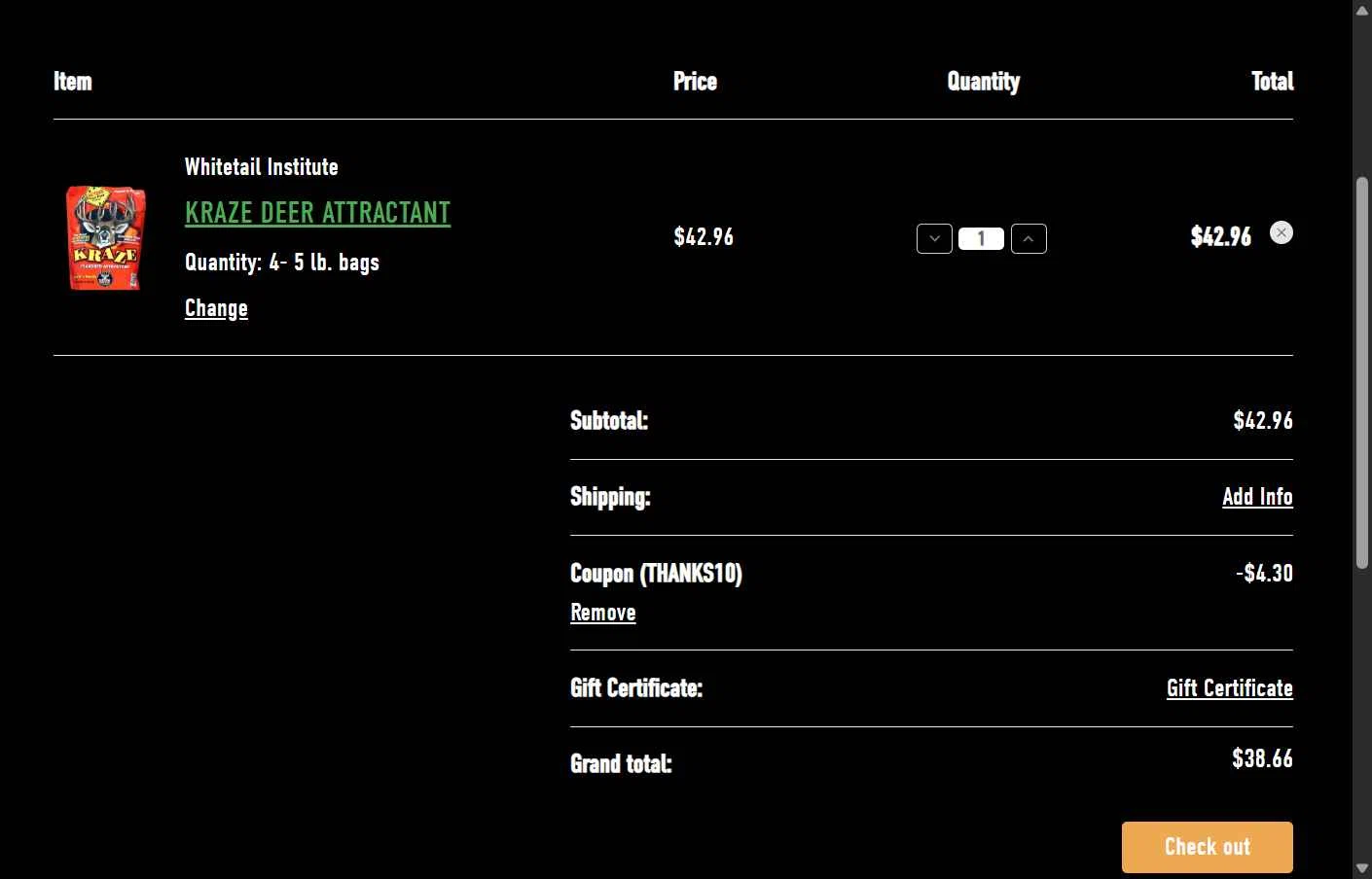 Whitetail Institute checkout page showing Whitetail Institute coupon code box | Screenshot taken by SimplyCodes community member on Jan 6, 2026