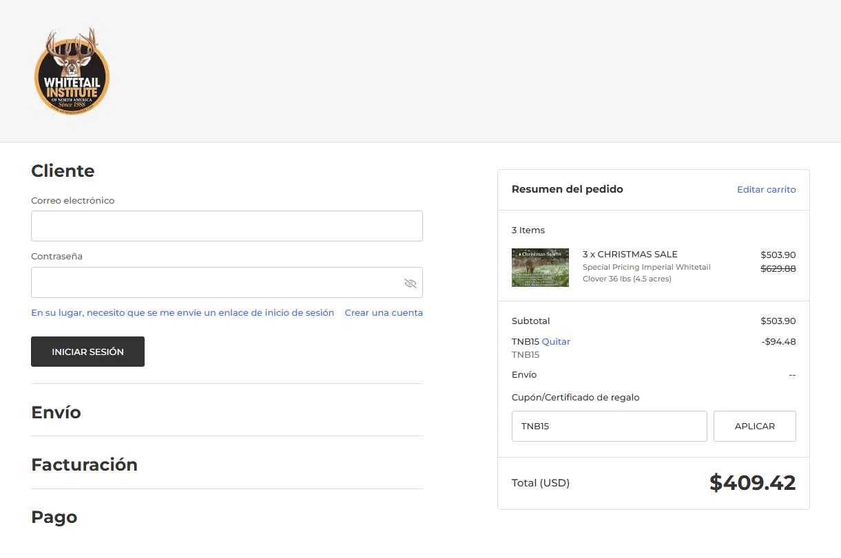 Whitetail Institute checkout page showing Whitetail Institute coupon code box | Screenshot taken by SimplyCodes community member on Dec 21, 2025