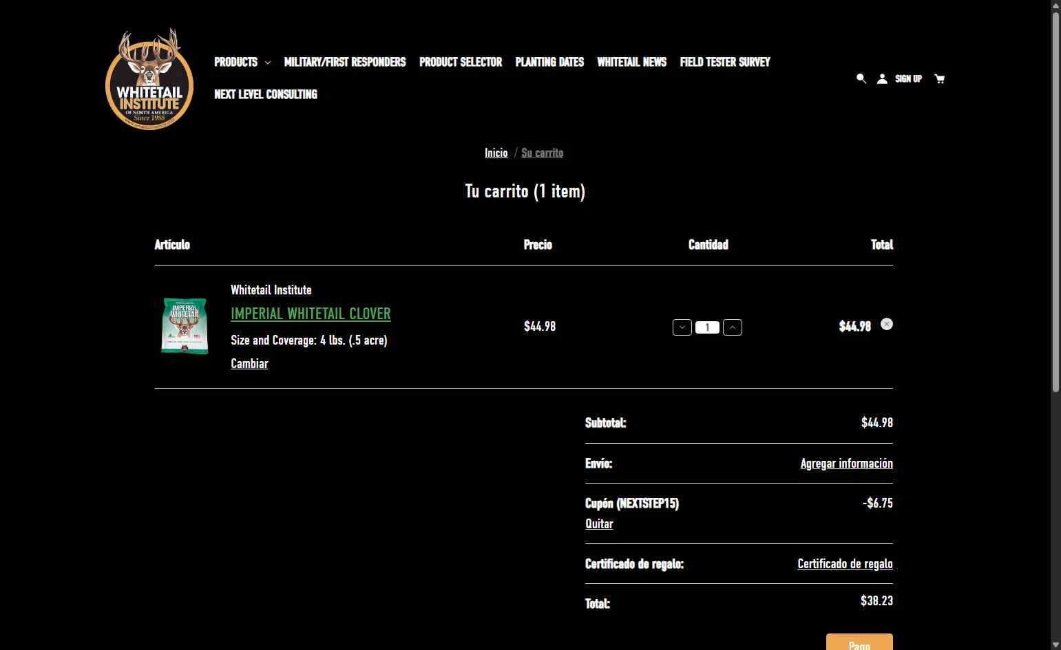 Whitetail Institute checkout page showing Whitetail Institute coupon code box | Screenshot taken by SimplyCodes community member on Feb 5, 2026