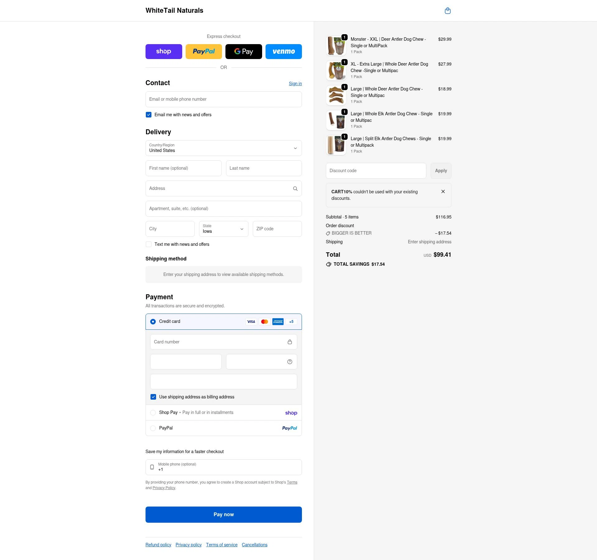 White Tail Naturals checkout page showing White Tail Naturals promo code box | Screenshot taken by SimplyCodes community member on Feb 18, 2026