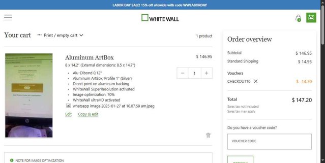 WhiteWall checkout page showing WhiteWall coupon code box | Screenshot taken by SimplyCodes community member on Aug 29, 2025
