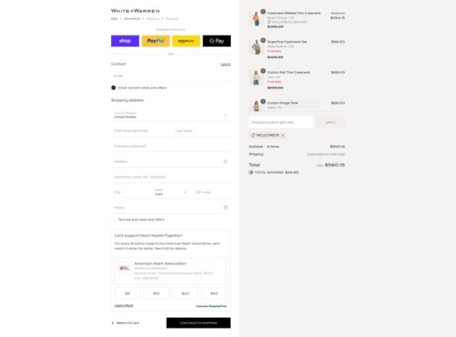 White + Warren checkout page showing White + Warren coupon code box | Screenshot taken by SimplyCodes community member on Sep 2, 2025