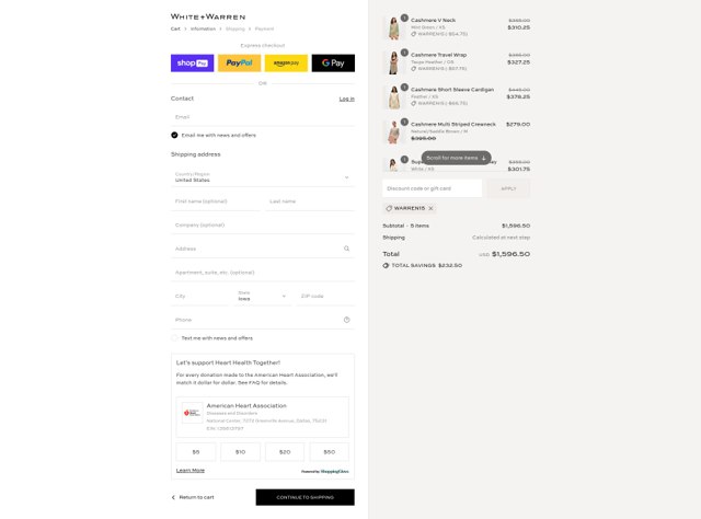 White + Warren checkout page showing White + Warren coupon code box | Screenshot taken by SimplyCodes community member on Aug 24, 2025