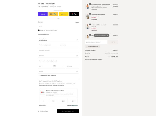 White + Warren checkout page showing White + Warren coupon code box | Screenshot taken by SimplyCodes community member on Sep 2, 2025
