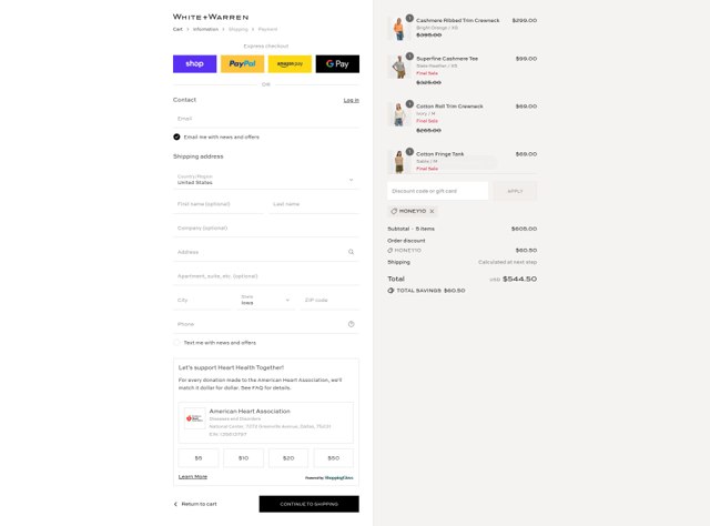 White + Warren checkout page showing White + Warren coupon code box | Screenshot taken by SimplyCodes community member on Sep 2, 2025