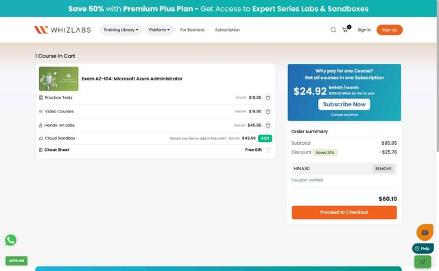 Whizlabs checkout page showing Whizlabs promo code box | Screenshot taken by SimplyCodes community member on Sep 5, 2025