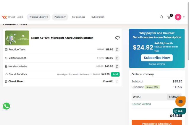 Whizlabs checkout page showing Whizlabs promo code box | Screenshot taken by SimplyCodes community member on Sep 5, 2025