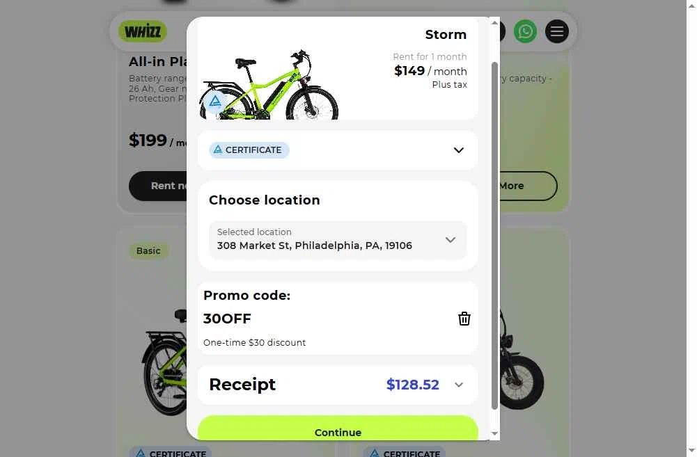 Whizz Bike checkout page showing Whizz Bike promo code box | Screenshot taken by SimplyCodes community member on Jan 10, 2026
