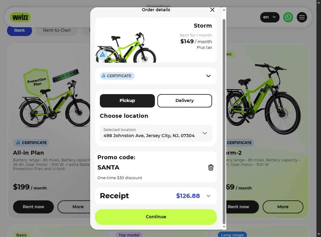 Whizz Bike checkout page showing Whizz Bike promo code box | Screenshot taken by SimplyCodes community member on Feb 2, 2026