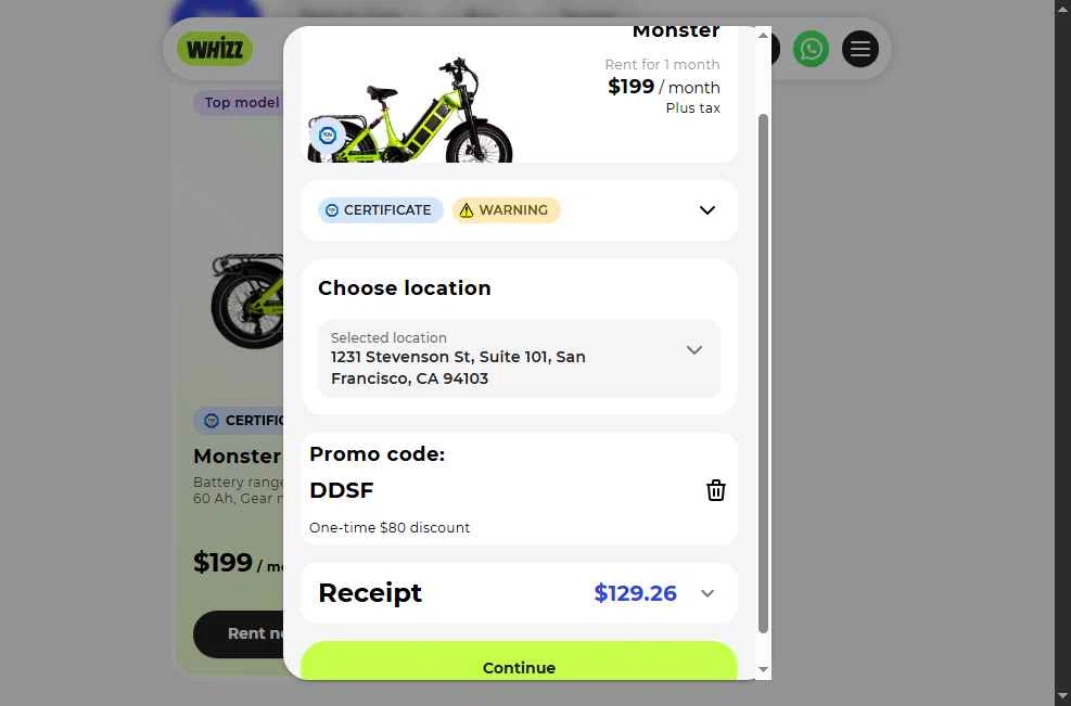 Whizz Bike checkout page showing Whizz Bike promo code box | Screenshot taken by SimplyCodes community member on Jan 29, 2026