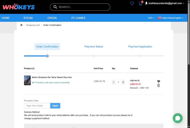 Whokeys checkout page showing Whokeys promo code box | Screenshot taken by SimplyCodes community member on Aug 24, 2025
