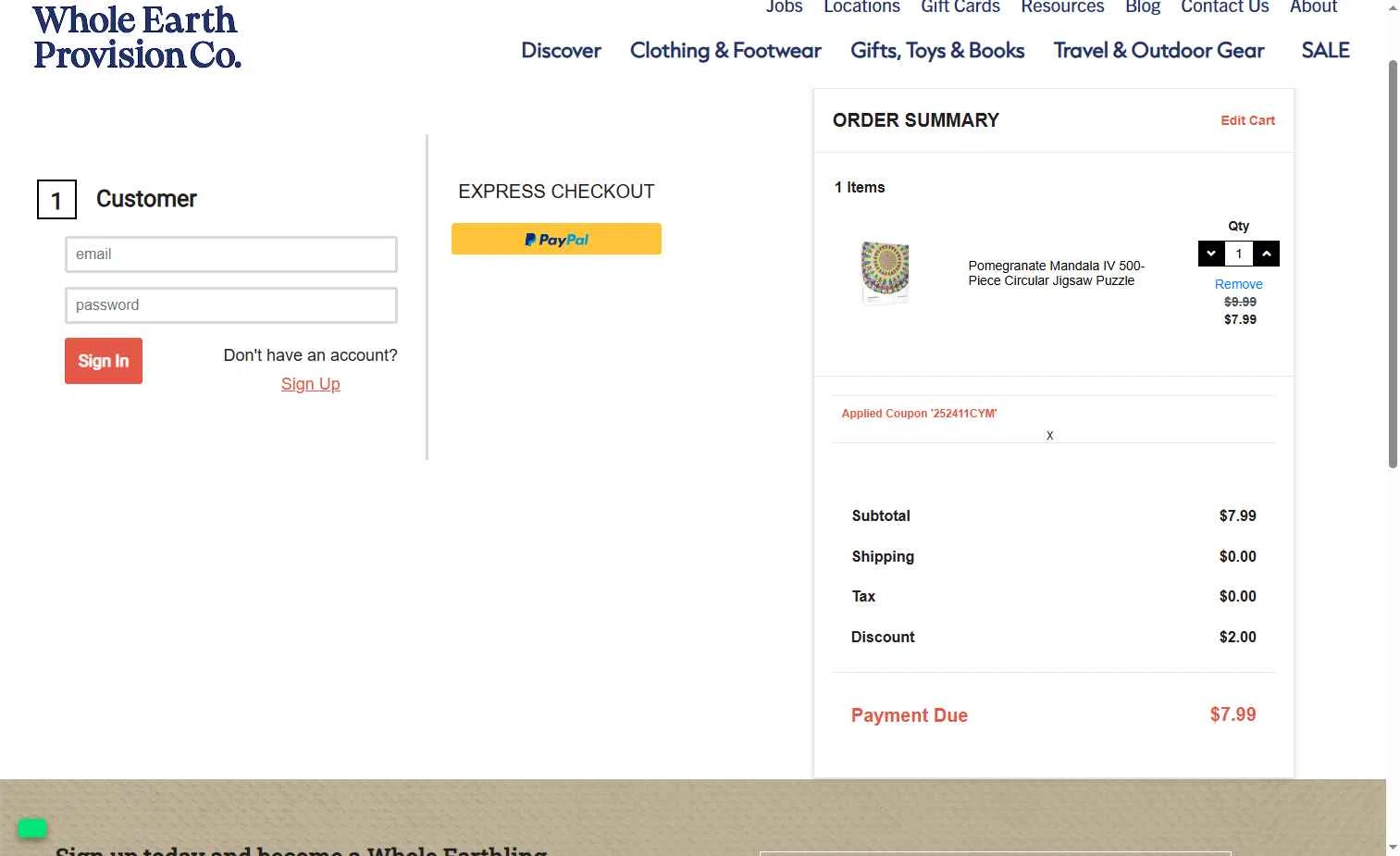 Whole Earth Provision checkout page showing Whole Earth Provision promo code box | Screenshot taken by SimplyCodes community member on Nov 27, 2025
