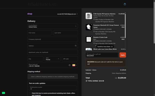 Whole Latte Love checkout page showing Whole Latte Love discount code box | Screenshot taken by SimplyCodes community member on Sep 3, 2025