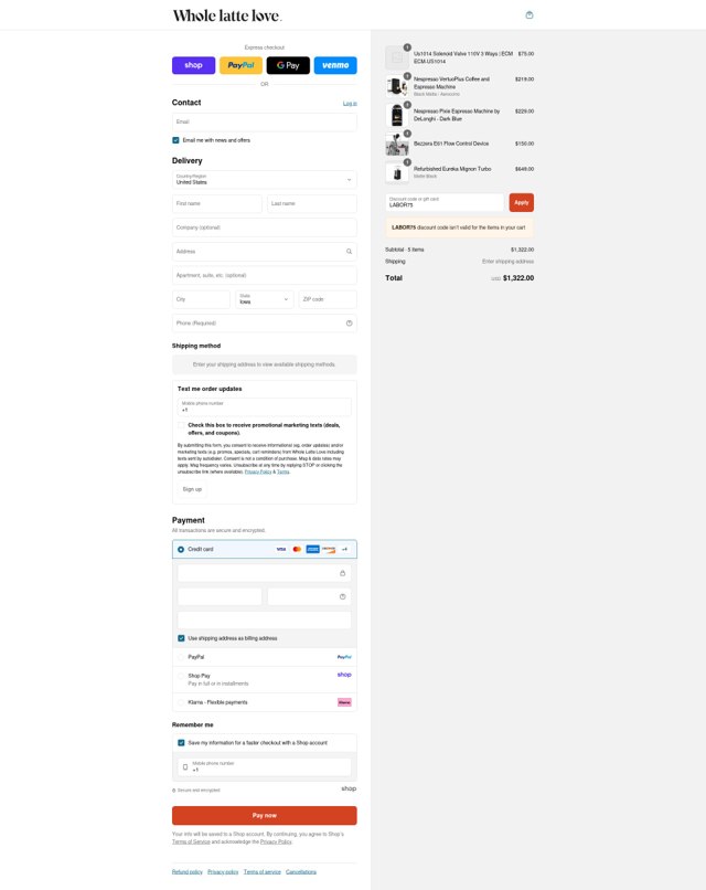 Whole Latte Love checkout page showing Whole Latte Love discount code box | Screenshot taken by SimplyCodes community member on Aug 30, 2025