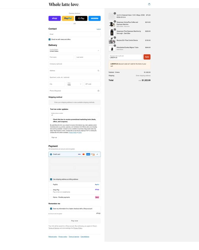 Whole Latte Love checkout page showing Whole Latte Love discount code box | Screenshot taken by SimplyCodes community member on Aug 31, 2025