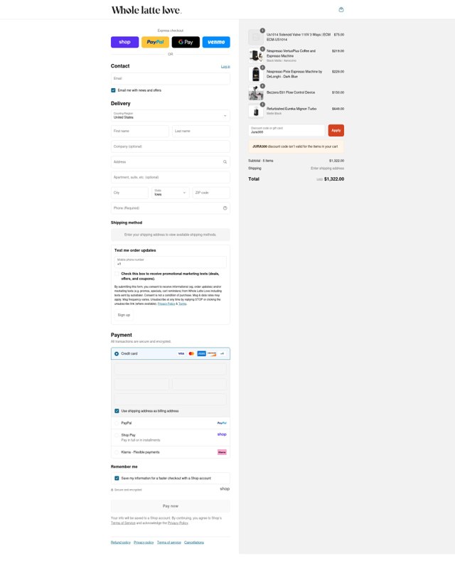 Whole Latte Love checkout page showing Whole Latte Love discount code box | Screenshot taken by SimplyCodes community member on Sep 4, 2025