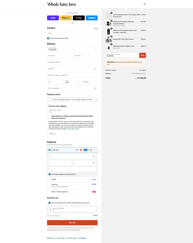 Whole Latte Love checkout page showing Whole Latte Love discount code box | Screenshot taken by SimplyCodes community member on Aug 31, 2025