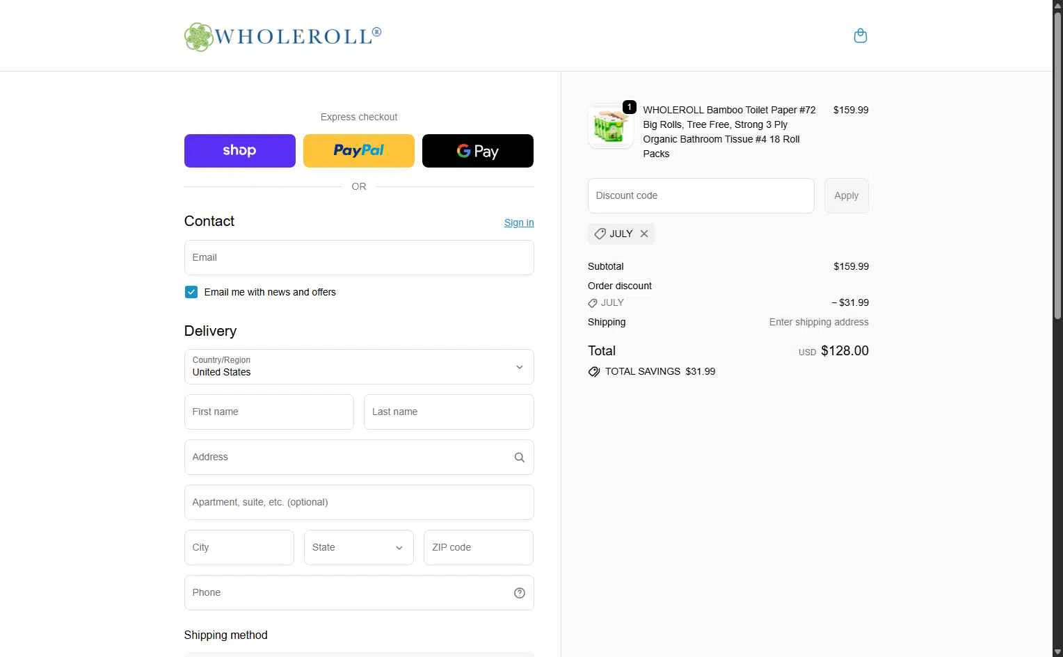 WHOLEROLL checkout page showing WHOLEROLL promo code box | Screenshot taken by SimplyCodes community member on Jan 9, 2026