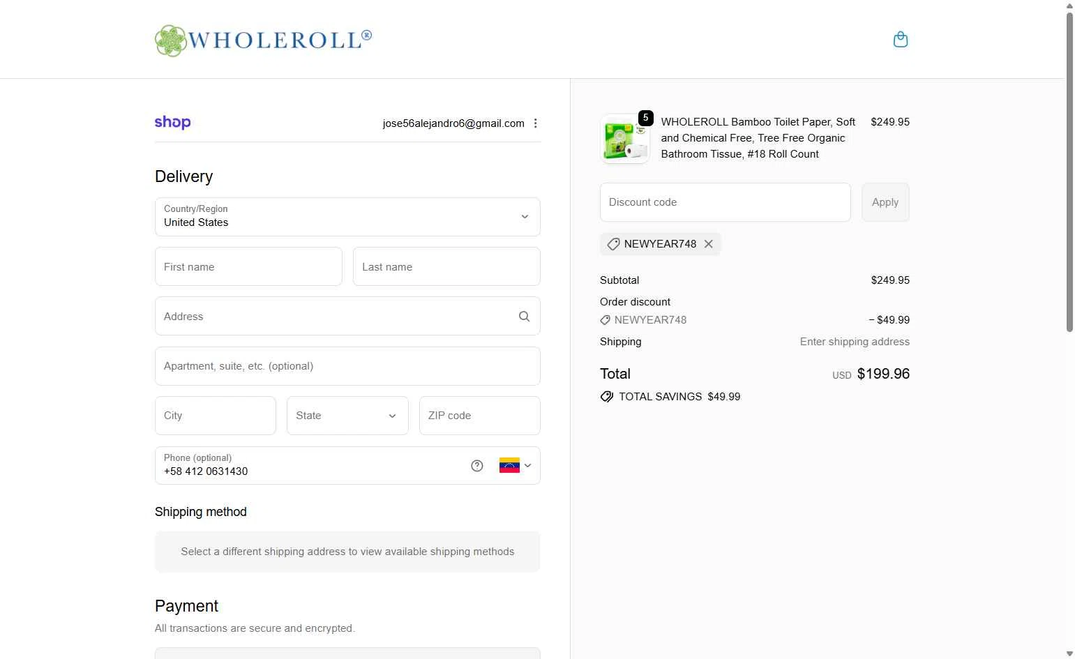 WHOLEROLL checkout page showing WHOLEROLL promo code box | Screenshot taken by SimplyCodes community member on Jan 9, 2026