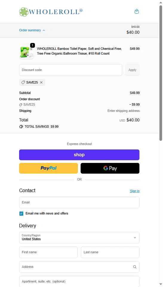 WHOLEROLL checkout page showing WHOLEROLL promo code box | Screenshot taken by SimplyCodes community member on Jan 8, 2026