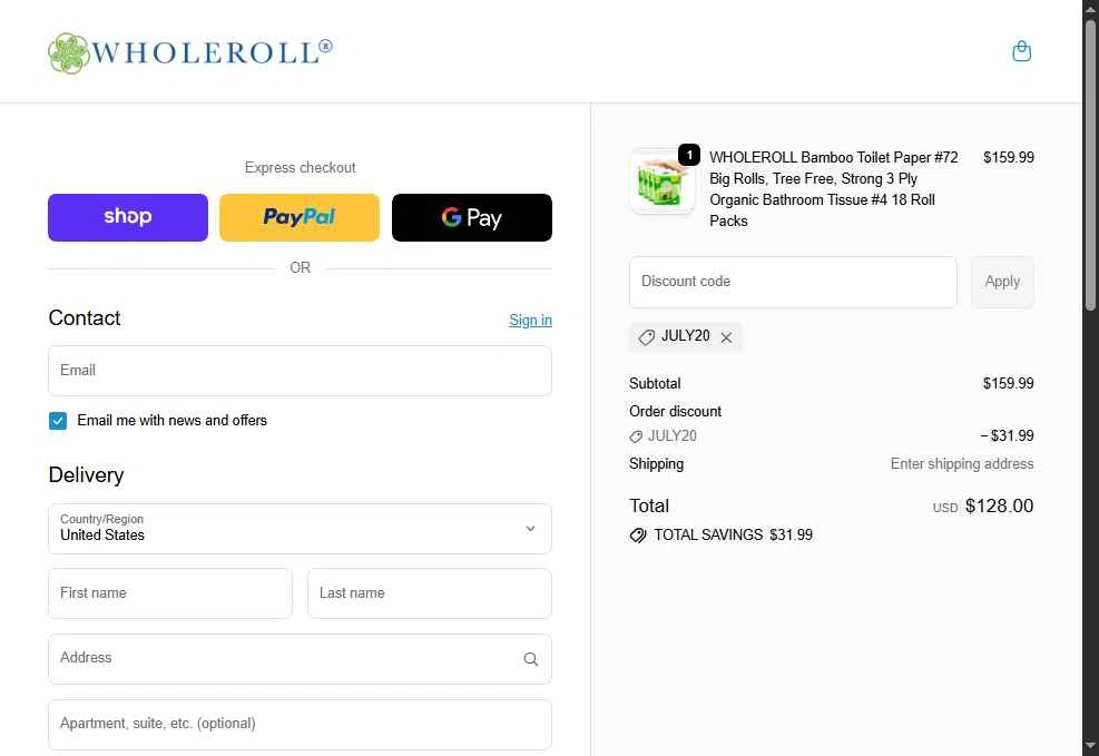 WHOLEROLL checkout page showing WHOLEROLL promo code box | Screenshot taken by SimplyCodes community member on Jan 9, 2026
