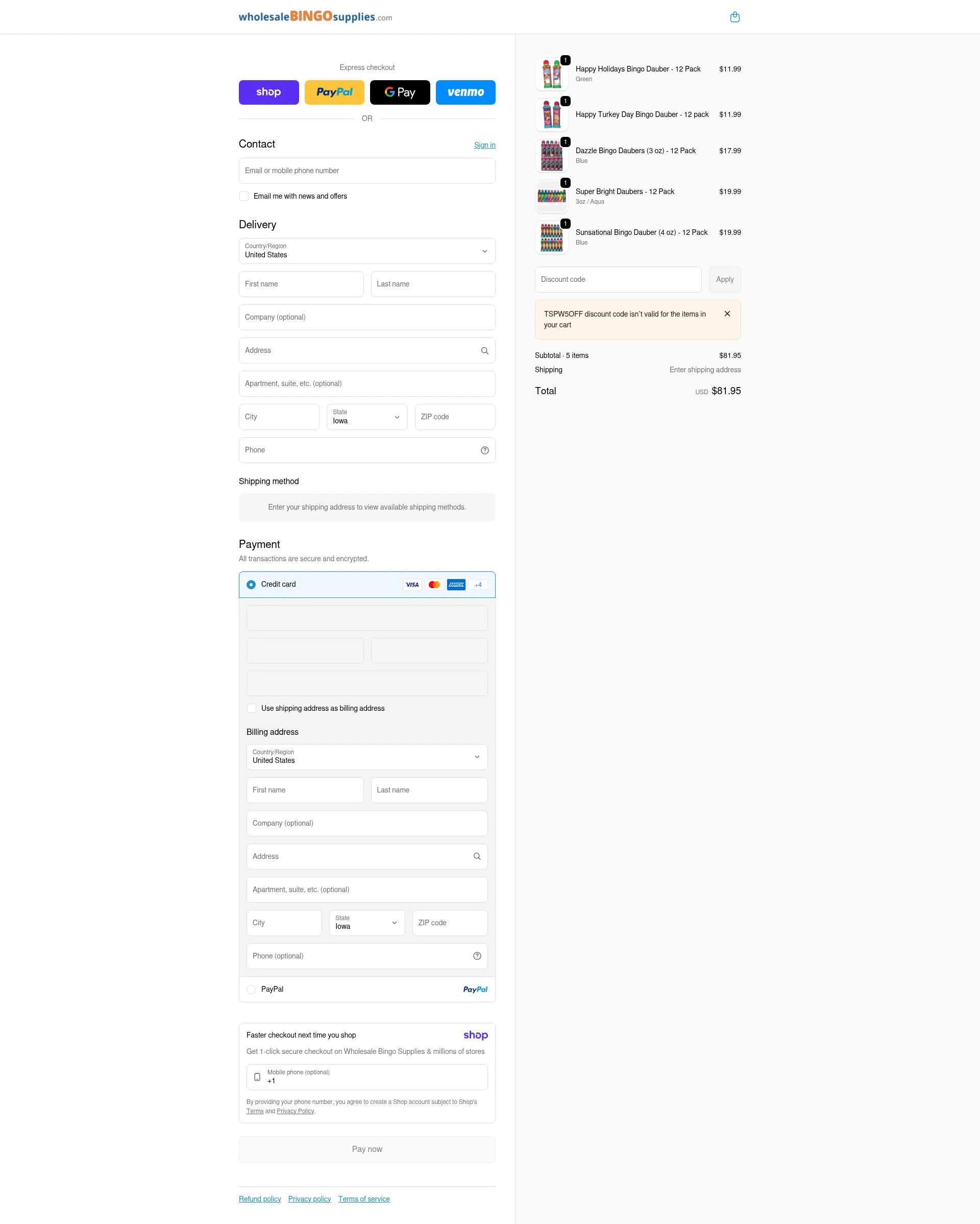 Wholesale Bingo Supplies checkout page showing Wholesale Bingo Supplies promo code box | Screenshot taken by SimplyCodes community member on Jan 8, 2026