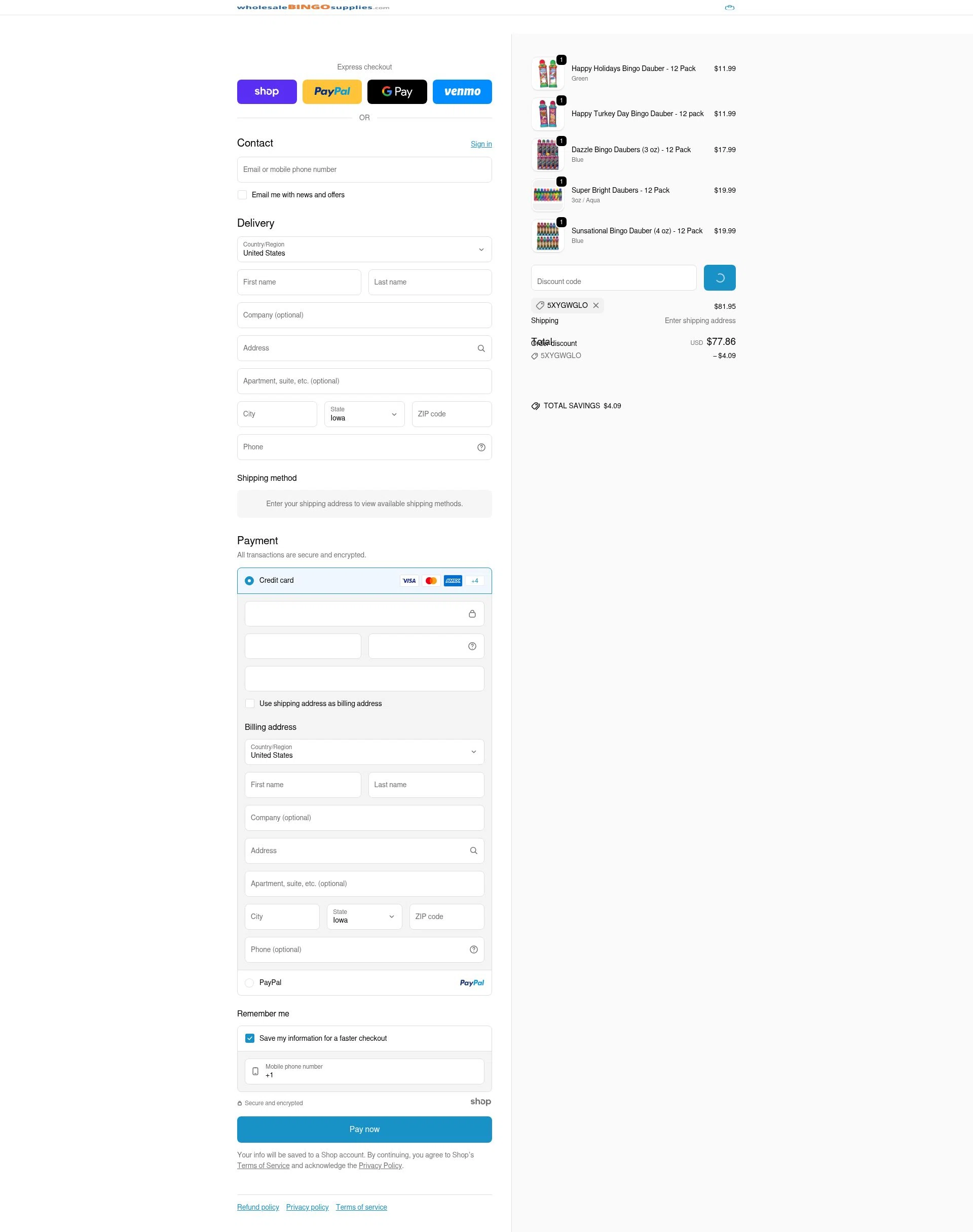 Wholesale Bingo Supplies checkout page showing Wholesale Bingo Supplies promo code box | Screenshot taken by SimplyCodes community member on Jan 3, 2026
