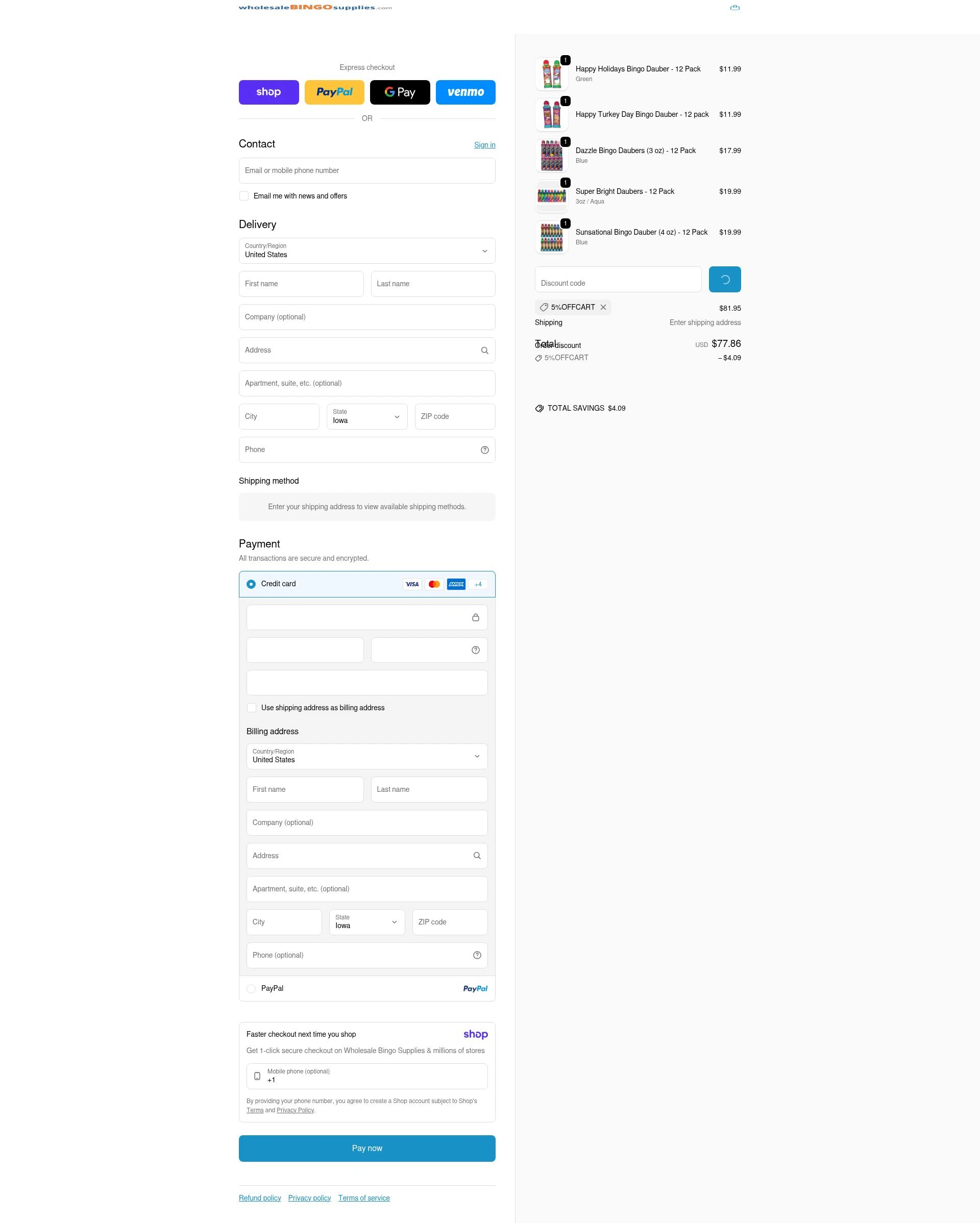 Wholesale Bingo Supplies checkout page showing Wholesale Bingo Supplies promo code box | Screenshot taken by SimplyCodes community member on Jan 8, 2026
