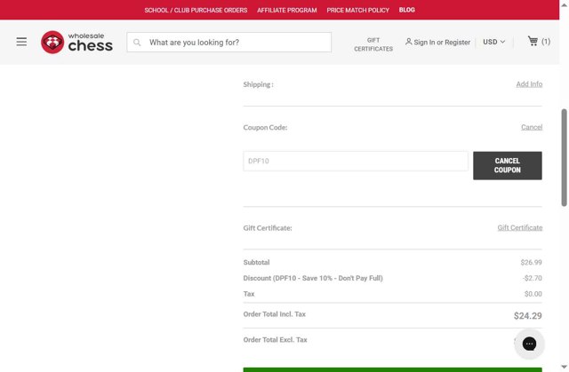 Wholesale Chess checkout page showing Wholesale Chess promo code box | Screenshot taken by SimplyCodes community member on Aug 24, 2025