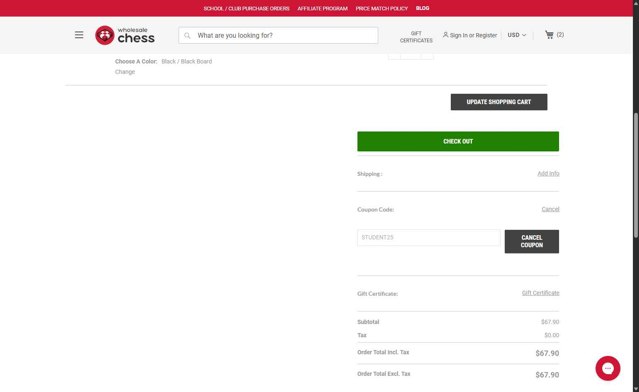 Wholesale Chess checkout page showing Wholesale Chess promo code box | Screenshot taken by SimplyCodes community member on Aug 11, 2025