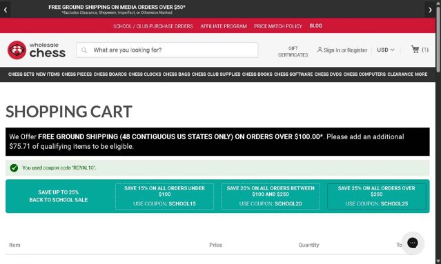 Wholesale Chess checkout page showing Wholesale Chess promo code box | Screenshot taken by SimplyCodes community member on Aug 15, 2025